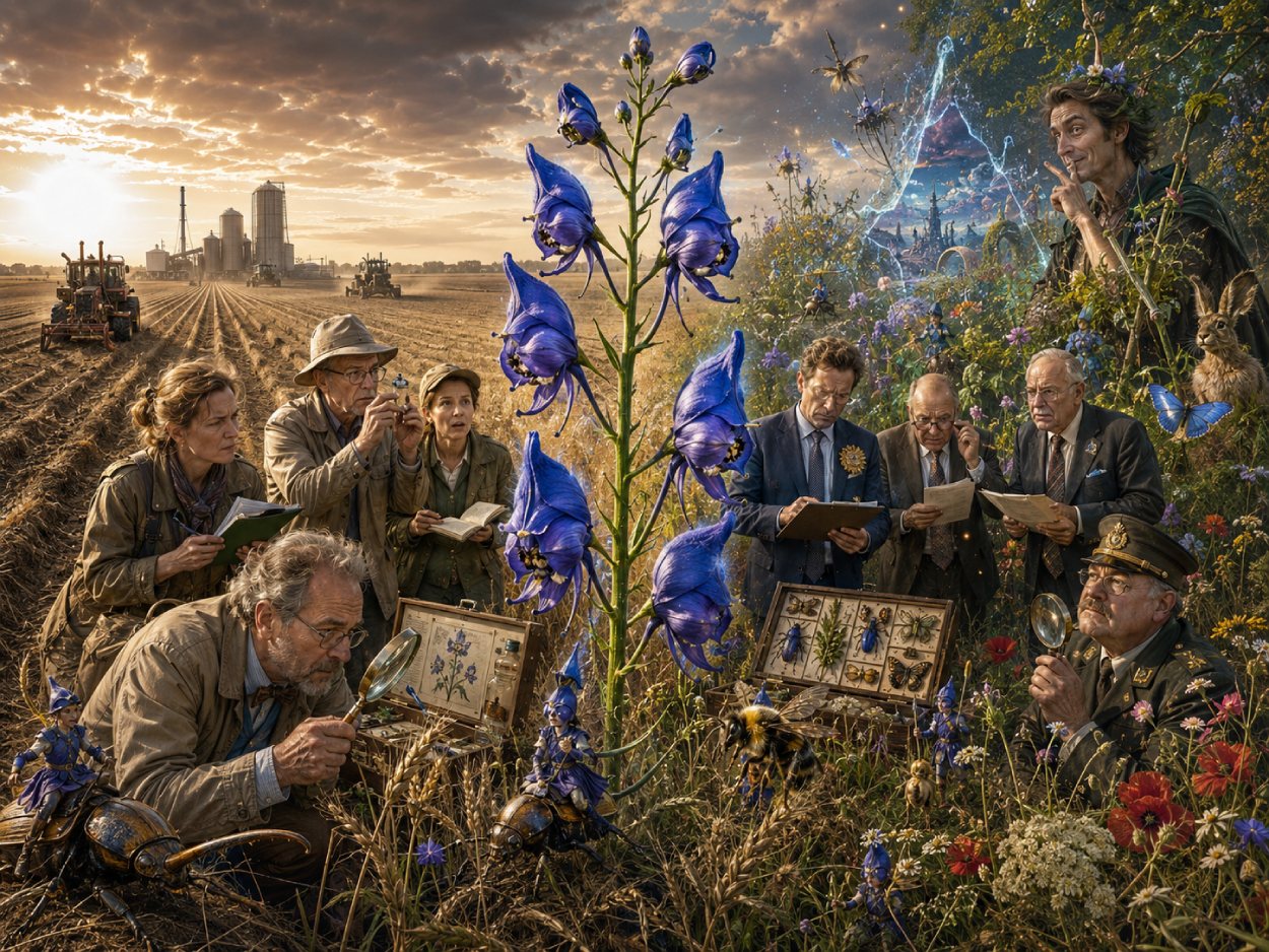 Satirische Illustration des Feldrittersporns als seltene blauviolette Ackerblume zwischen kahler Agrarlandschaft und magischer Wildblumenwelt, umgeben von Forschern, Insekten und kleinen Zwischenreiche-Figuren.