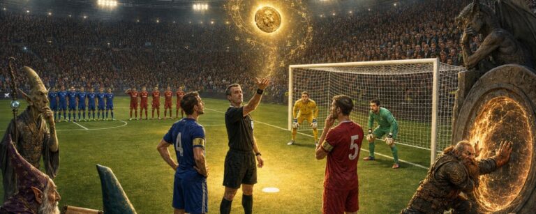 Satirische Fantasy-Szene vor einem Elfmeterschießen mit Schiedsrichter, Kapitänen, leuchtender Münze, wartenden Spielern und magischen Regelhütern am Spielfeldrand.