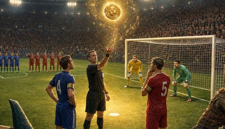 Satirische Fantasy-Szene vor einem Elfmeterschießen mit Schiedsrichter, Kapitänen, leuchtender Münze, wartenden Spielern und magischen Regelhütern am Spielfeldrand.