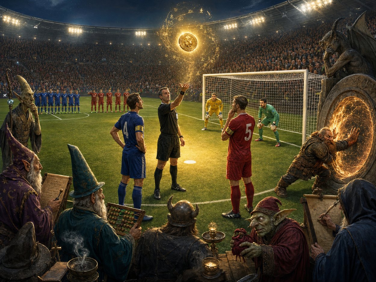 Satirische Fantasy-Szene vor einem Elfmeterschießen mit Schiedsrichter, Kapitänen, leuchtender Münze, wartenden Spielern und magischen Regelhütern am Spielfeldrand.