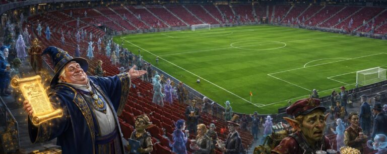 Fantastisches Fußballstadion mit vielen leeren roten Sitzen, geisterhaften Zuschauern in den Gängen, einem pompösen Magier mit Schriftrolle und einem gestressten Goblin-Verkäufer