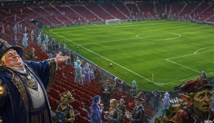 Fantastisches Fußballstadion mit vielen leeren roten Sitzen, geisterhaften Zuschauern in den Gängen, einem pompösen Magier mit Schriftrolle und einem gestressten Goblin-Verkäufer