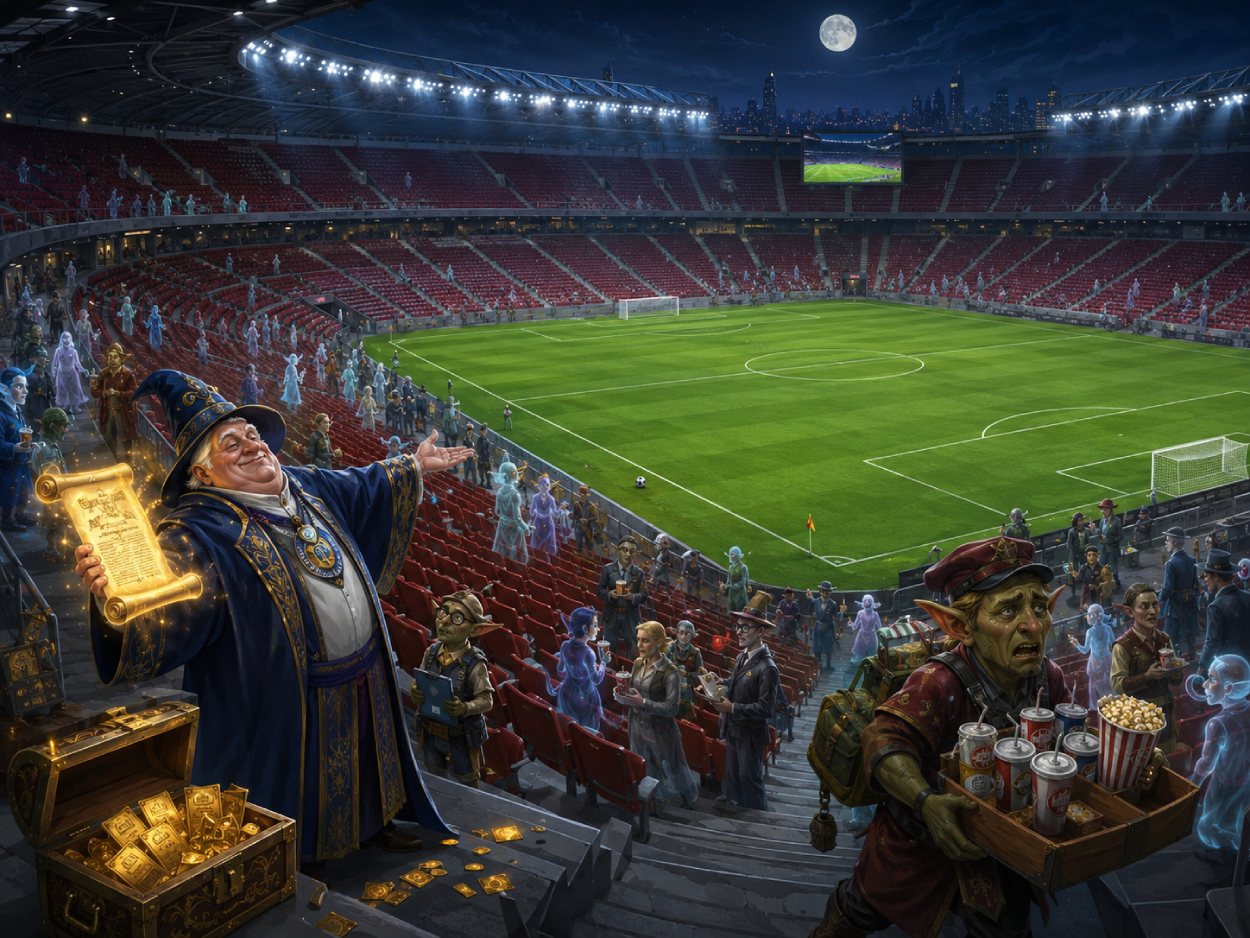 Fantastisches Fußballstadion mit vielen leeren roten Sitzen, geisterhaften Zuschauern in den Gängen, einem pompösen Magier mit Schriftrolle und einem gestressten Goblin-Verkäufer