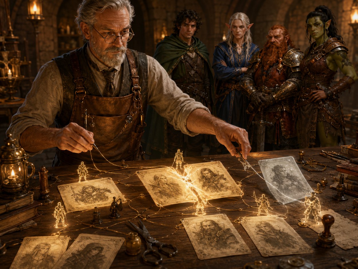 Ein älterer Arzt sortiert in einer Fantasy-Klinik leuchtende Figurenkarten auf einem Tisch, während ein Held, eine Elfin, ein Zwerg und eine Orkin im Hintergrund auf das Urteil warten.