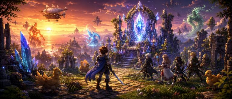 Ein klassischer Fantasy-Ritter steht in einer leuchtenden HD-2D-Welt vor Kristallen, Chocobos, Luftschiffen und magischen Esper-Silhouetten.