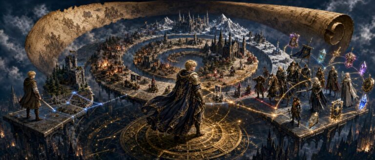 Ein junger Fantasystratege kehrt mit seiner erfahrenen Truppe und vollständiger Ausrüstung auf ein isometrisches Schlachtfeld zurück.
