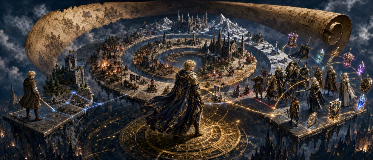 Ein junger Fantasystratege kehrt mit seiner erfahrenen Truppe und vollständiger Ausrüstung auf ein isometrisches Schlachtfeld zurück.