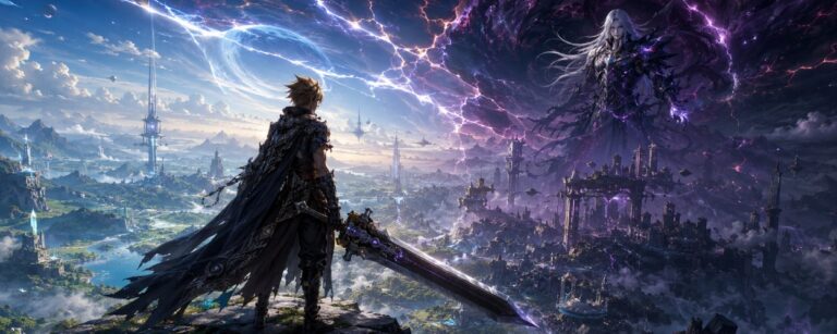 Ein blonder Fantasy-Schwertkämpfer mit riesigem Breitschwert steht vor einer dramatischen Landschaft, während im Hintergrund eine silberhaarige dunkle Gestalt über einer bedrohten Welt erscheint.