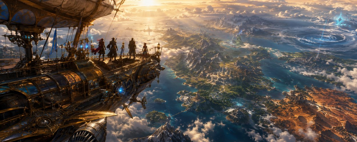Ein großes Luftschiff fliegt über einen weiten Fantasyplaneten mit Ozeanen, Kontinenten, Ruinen und leuchtenden Städten am Horizont.
