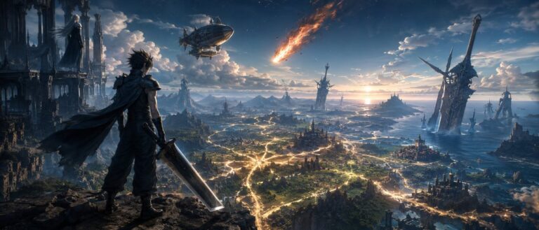 Ein melancholischer Fantasy-Schwertkämpfer steht vor einer riesigen offenen Welt mit Luftschiff, Meteor am Himmel und verzweigten leuchtenden Pfaden, während dunkle Gestalten im Hintergrund auf das Finale warten.