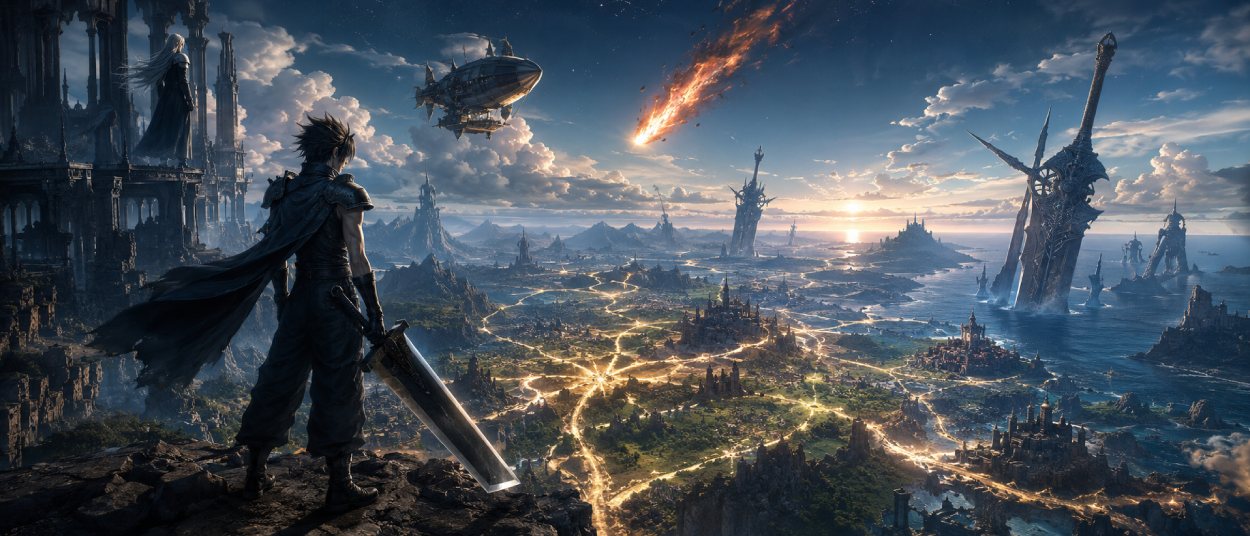Ein melancholischer Fantasy-Schwertkämpfer steht vor einer riesigen offenen Welt mit Luftschiff, Meteor am Himmel und verzweigten leuchtenden Pfaden, während dunkle Gestalten im Hintergrund auf das Finale warten.