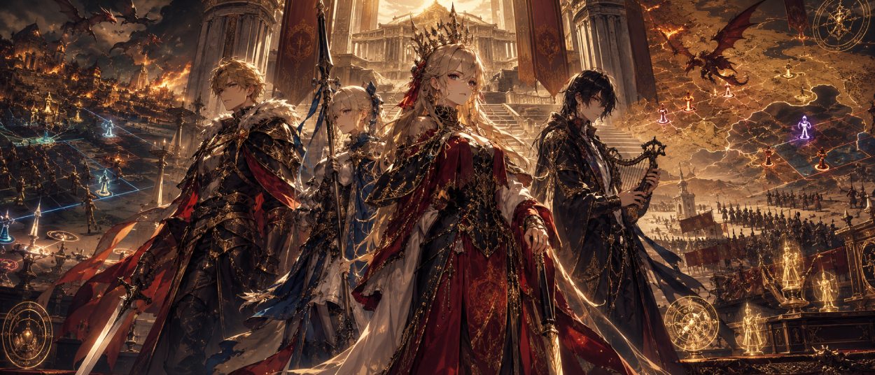 Vier junge Fantasy-Helden stehen vor einer goldenen Turnierarena im Dagdan Empire, während taktische Schlachtfelder, Banner und eine brennende Königreichskarte im Hintergrund erscheinen.