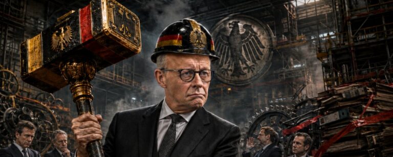 Friedrich-Merz-artiger Kanzler steht wütend in einem düsteren Maschinenraum zwischen Aktenordnern, Bauhelmen und Reformzahnrädern und hält einen goldenen Presslufthammer wie ein Zepter, während rote Bremsklötze den Weg versperren.