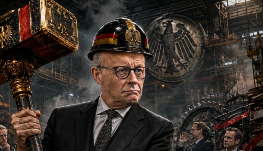 Friedrich-Merz-artiger Kanzler steht wütend in einem düsteren Maschinenraum zwischen Aktenordnern, Bauhelmen und Reformzahnrädern und hält einen goldenen Presslufthammer wie ein Zepter, während rote Bremsklötze den Weg versperren.