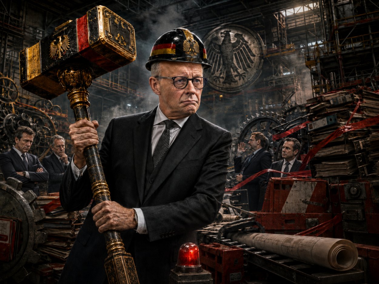 Friedrich-Merz-artiger Kanzler steht wütend in einem düsteren Maschinenraum zwischen Aktenordnern, Bauhelmen und Reformzahnrädern und hält einen goldenen Presslufthammer wie ein Zepter, während rote Bremsklötze den Weg versperren.