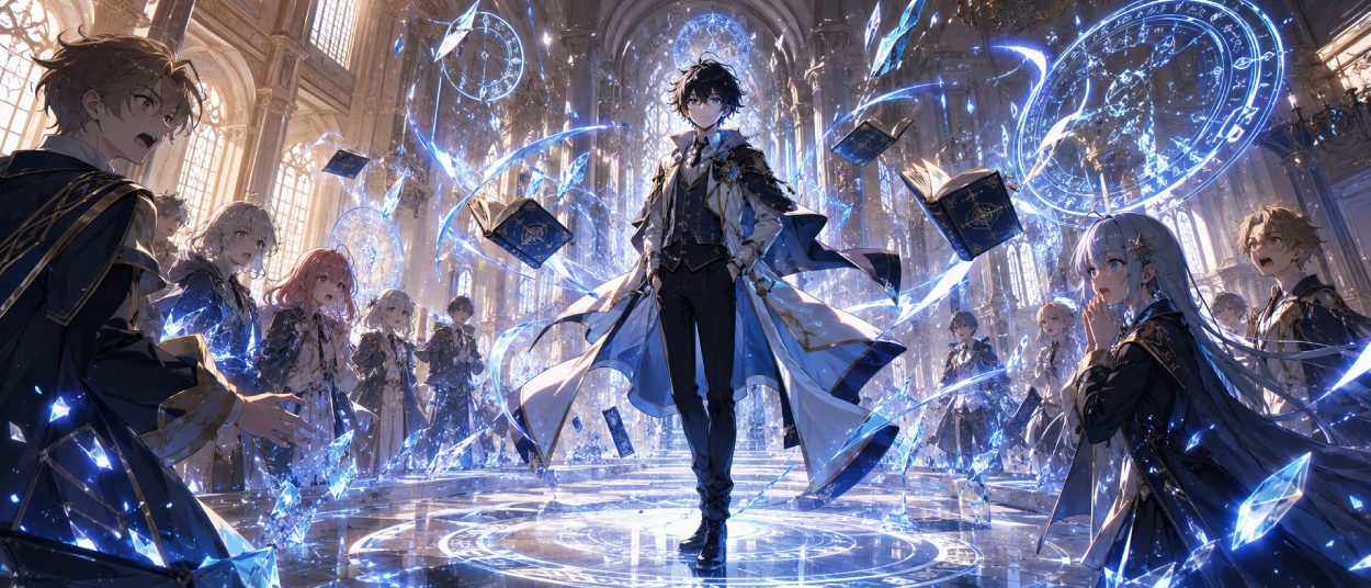 Ein junger Magier steht in einer Fantasy-Akademie vor leuchtenden Zauberkreisen, während erstaunte Schüler und magische Bücher um ihn herum schweben.
