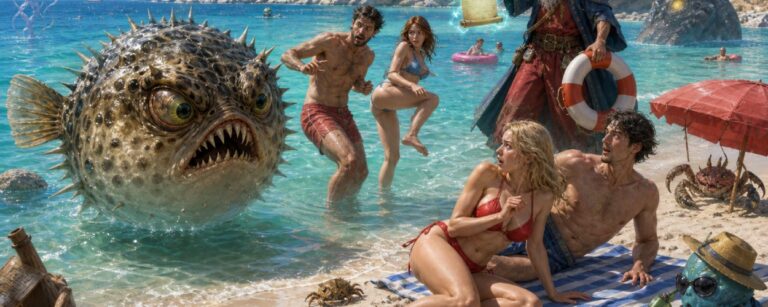 Satirische Fantasy-Szene an einem griechischen Strand mit giftigem Kugelfisch im flachen Wasser, erschrockenen Badegästen und Monstrositäten aus den Zwischenreichen