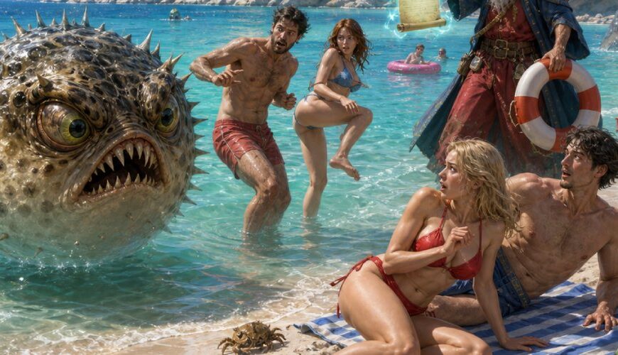 Satirische Fantasy-Szene an einem griechischen Strand mit giftigem Kugelfisch im flachen Wasser, erschrockenen Badegästen und Monstrositäten aus den Zwischenreichen