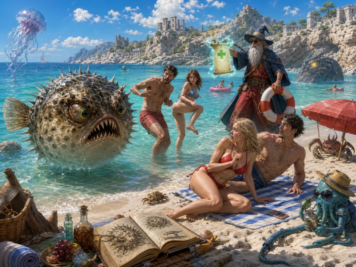 Satirische Fantasy-Szene an einem griechischen Strand mit giftigem Kugelfisch im flachen Wasser, erschrockenen Badegästen und Monstrositäten aus den Zwischenreichen