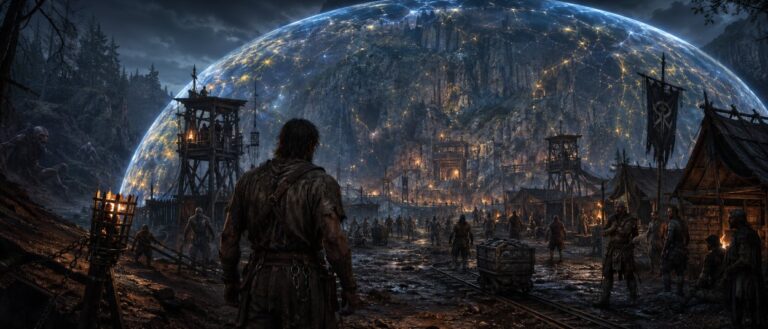 Ein namenloser Gefangener steht vor einer magischen Barriere in einer düsteren Fantasy-Kolonie, während Lagerfeuer, Buddler, Wachen und eine Mine im Hintergrund zu sehen sind.
