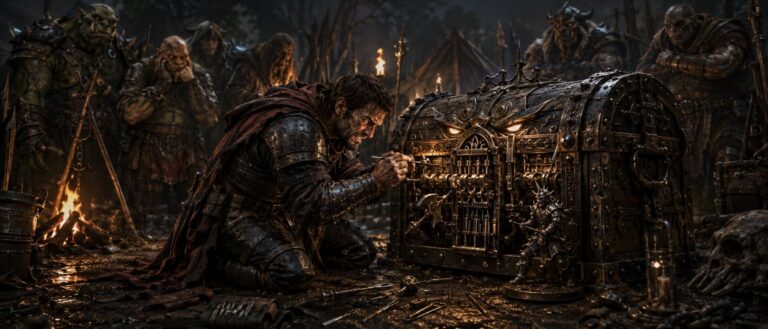 Ein mürrischer Fantasyheld kniet vor einer verschlossenen Truhe in einem dunklen Lager, während Orks und Banditen im Hintergrund warten und das Schloss wie ein kleiner Endgegner leuchtet.