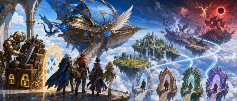 Eine Fantasygruppe besteigt ein Luftschiff zu vier schwebenden Questinseln, während ein gewaltiger roter Golem zwischen den Wolken erwacht.