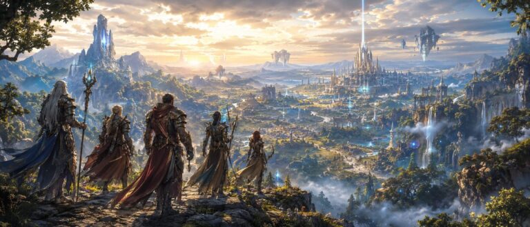 Eine Gruppe Fantasy-Abenteurer steht vor einer weiten magischen Landschaft mit alten Ruinen, schwebenden Lichtern und einer gewaltigen Stadt am Horizont.