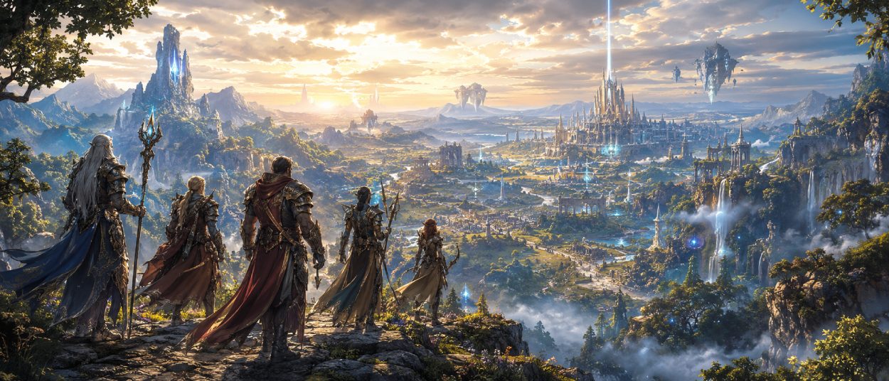 Eine Gruppe Fantasy-Abenteurer steht vor einer weiten magischen Landschaft mit alten Ruinen, schwebenden Lichtern und einer gewaltigen Stadt am Horizont.