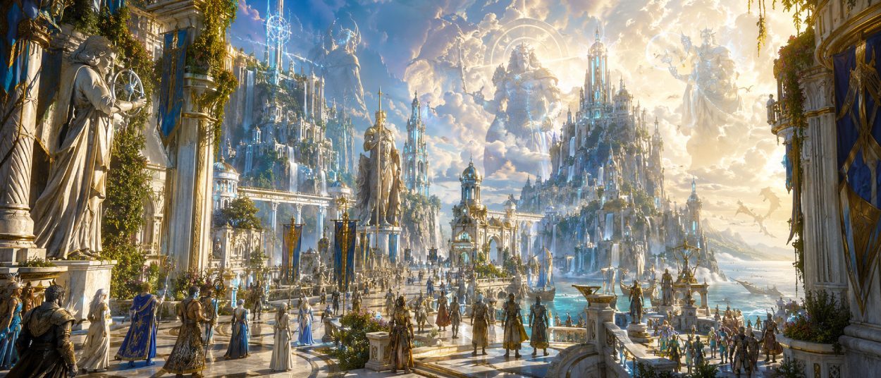 Eine goldene Fantasy-Metropole in Orr erhebt sich vor dem Meer, während Götterstatuen, Magier, Gildenbanner und leuchtende Tempel eine mythische Vergangenheit zeigen.