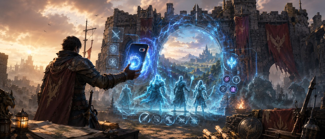 Ein Fantasy-Held hält ein leuchtendes Smartphone vor den Toren von Ascalon, während Charr, Ruinen und magische Portale im Hintergrund erscheinen.