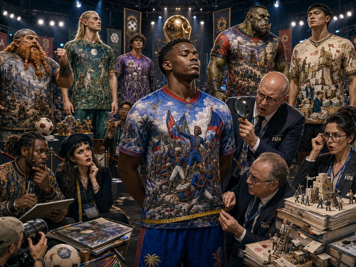 Satirische Illustration eines Haiti-Spielers im kunstvollen WM-Trikot mit historischer Kriegsszene, während FIFA-Funktionäre das Design kritisch prüfen.