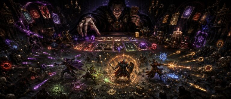 Ein düsterer Kartengeber sitzt an einem magischen Spieltisch, während Fantasyhelden in Schattengewölben gegen riesige Gegnerhorden kämpfen.
