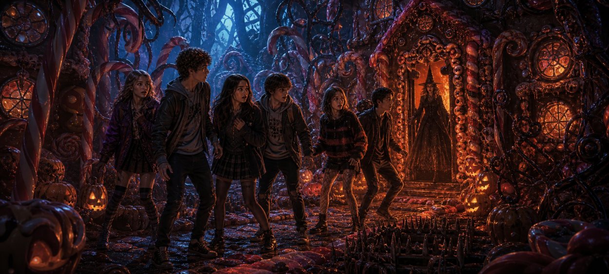Sechs Teenager stehen in einem düsteren Süßigkeiten-Labyrinth, während im Hintergrund eine Hexe zwischen Bonbons und Halloween-Lichtern lauert.