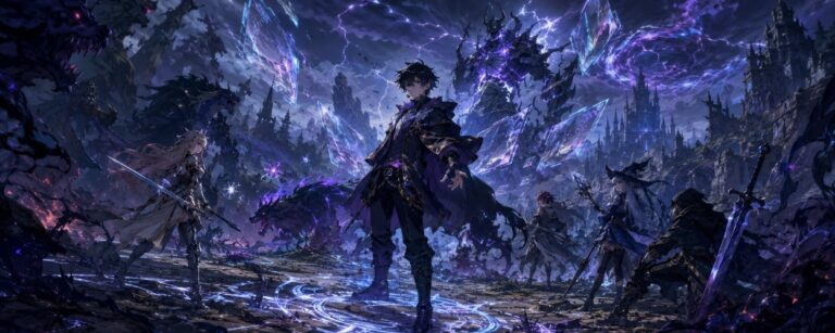 Ein junger Beschwörer steht in einer düsteren Fantasywelt vor Monstern und magischen Symbolen, während ein bedrohlicher Himmel und leuchtende Beschwörungskreise die Szene bestimmen.