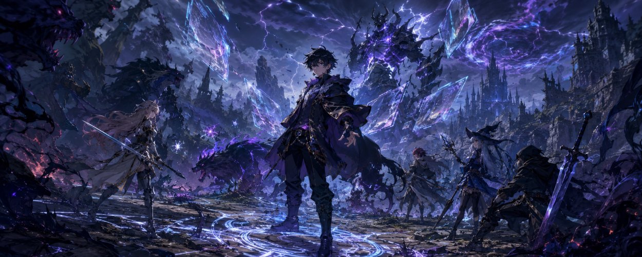 Ein junger Beschwörer steht in einer düsteren Fantasywelt vor Monstern und magischen Symbolen, während ein bedrohlicher Himmel und leuchtende Beschwörungskreise die Szene bestimmen.