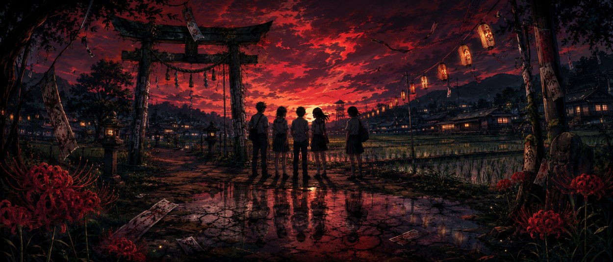 Ein abgelegenes japanisches Dorf liegt bei Abendlicht unter Zikaden, während ein Schrein und unheimliche Schatten im Hintergrund zu sehen sind.