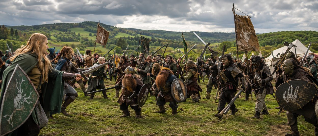 Fantasy-Fans in Elfen-, Zwergen- und Ork-Kostümen stellen auf einer grünen Wiese eine Hobbit-Schlacht nach.