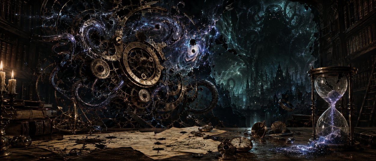 Ein altes Uhrwerk öffnet sich zu einem kosmischen Abgrund, während Tentakel, Sterne und zerfallende Manuskripte aus der Dunkelheit auftauchen.