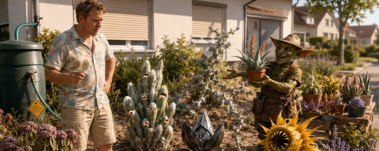 Satirische Fantasy-Szene in einem deutschen Vorgarten mit welken Hortensien, durstigen Rhododendren und seltsamen trockenheitsresistenten Pflanzen aus den Zwischenreichen.