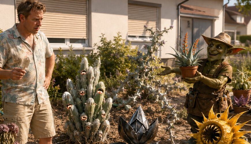 Satirische Fantasy-Szene in einem deutschen Vorgarten mit welken Hortensien, durstigen Rhododendren und seltsamen trockenheitsresistenten Pflanzen aus den Zwischenreichen.
