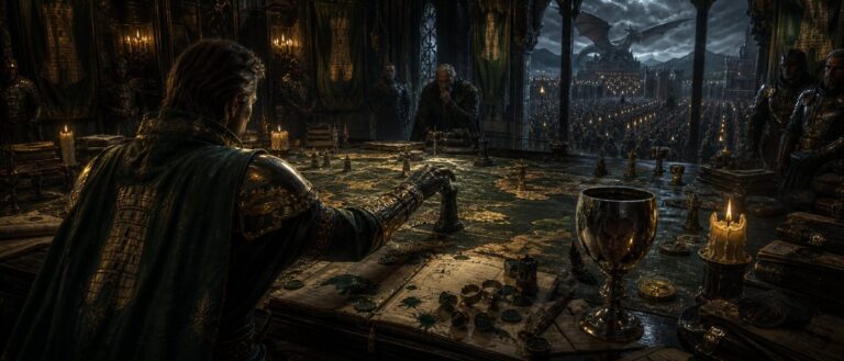 Ein adeliger Hightower-Lord steht in einer dunklen Halle von Westeros vor Bannern, Soldaten und dem Schatten eines Drachen.