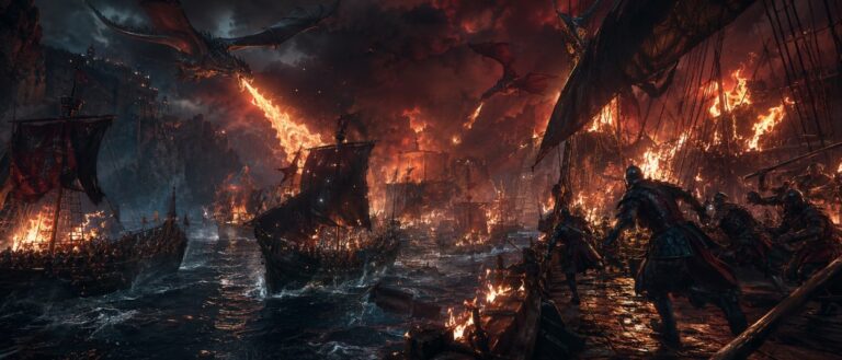 Brennende Schiffe und Drachenfeuer erhellen eine nächtliche Seeschlacht, während Stuntkämpfer über Decks rennen.