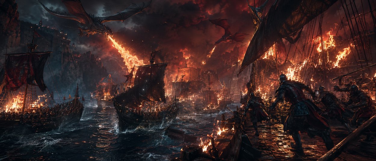 Brennende Schiffe und Drachenfeuer erhellen eine nächtliche Seeschlacht, während Stuntkämpfer über Decks rennen.