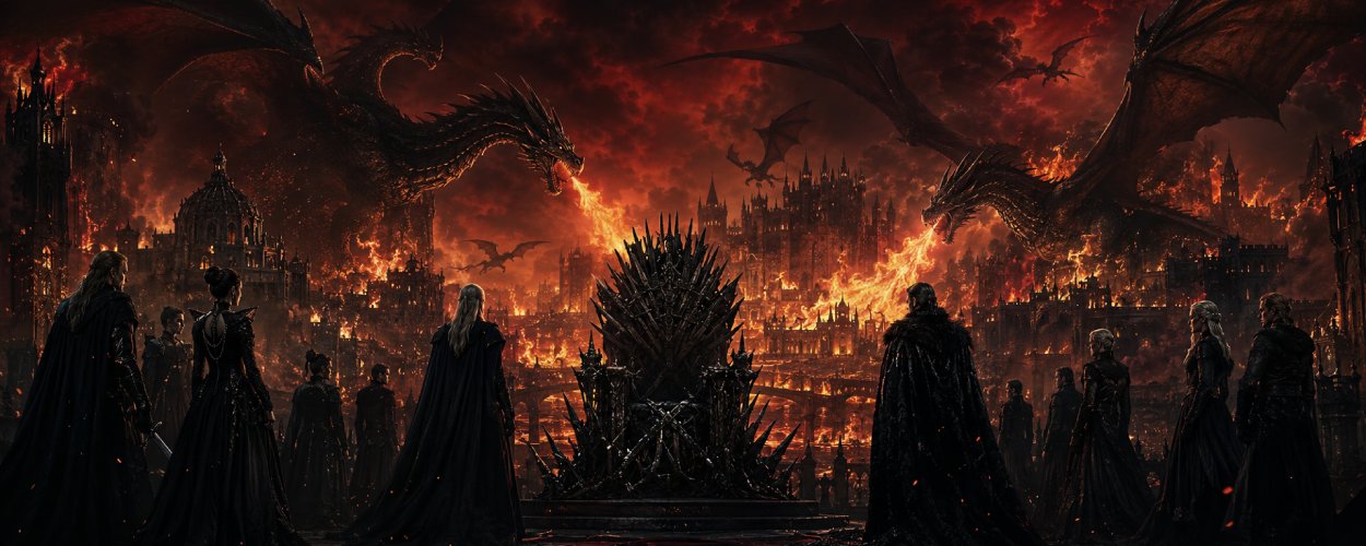 Eine brennende mittelalterliche Hauptstadt bei Nacht, über der mehrere Drachen kreisen, während ein eiserner Thron im Feuerschein steht und adelige Silhouetten zwischen Rauch und Funken erscheinen.