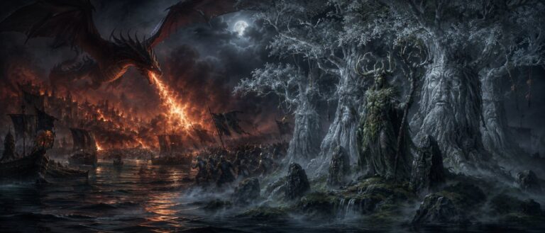 Ein Drache fliegt über einem brennenden Schlachtfeld, während auf einer nebligen Insel ein gehörntes Waldwesen zwischen Wehrholzbäumen steht.