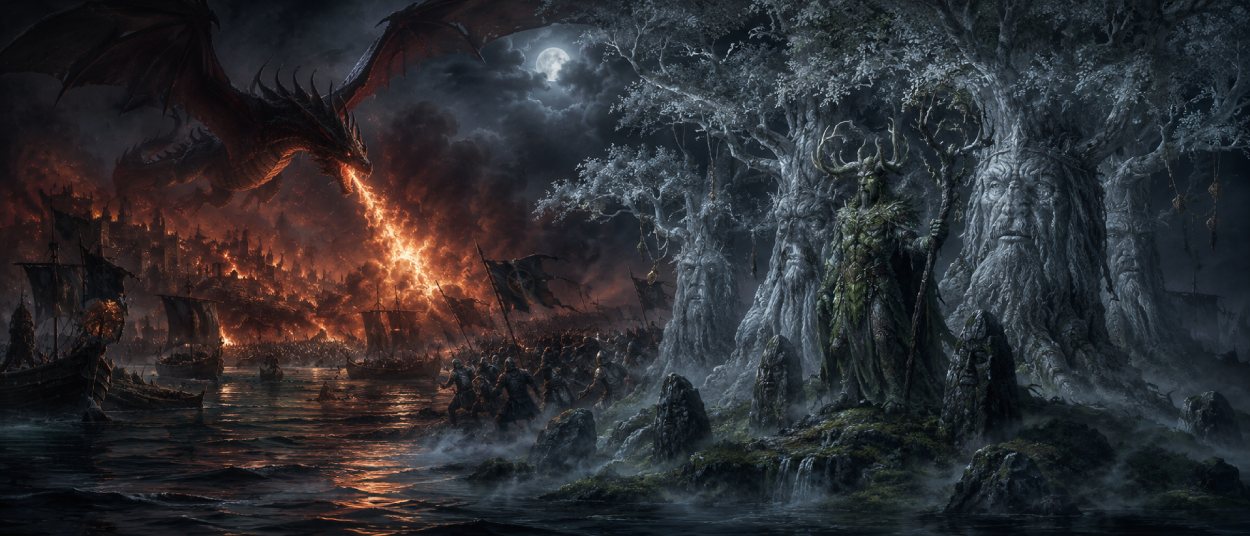 Ein Drache fliegt über einem brennenden Schlachtfeld, während auf einer nebligen Insel ein gehörntes Waldwesen zwischen Wehrholzbäumen steht.