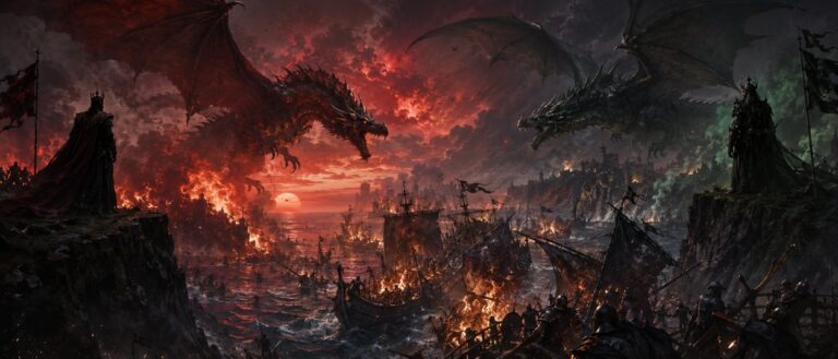 Zwei Drachen kreisen über einer brennenden Seeschlacht vor einer düsteren Küste, während Banner im Rauch flattern.