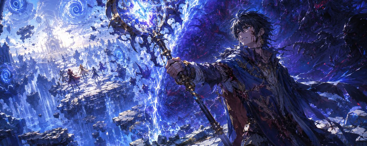 Ein junger Fantasy-Magier steht mit leuchtendem Stab vor einem dimensionsartigen Riss, während dämonische Schatten angreifen und seine Gefährten in der Ferne entkommen.