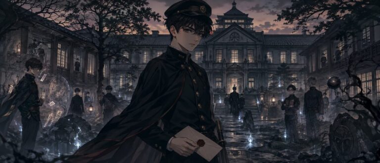 Ein junger Schüler in historischer Uniform steht vor einer düsteren Militärschule, während geisterhafte Erscheinungen und übernatürliche Lichter um ihn herum auftauchen.