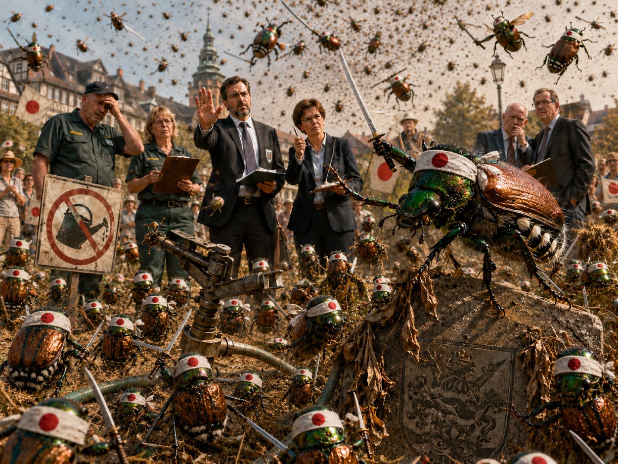 Satirische Szene in Hessen mit einer riesigen Armee von Japankäfern, die mit Stirnbändern und kleinen Schwertern wie eine absurde Samurai-Invasion auftreten, während Behörden vor vertrockneten Grünflächen und einem Bewässerungsverbot fassungslos reagieren.